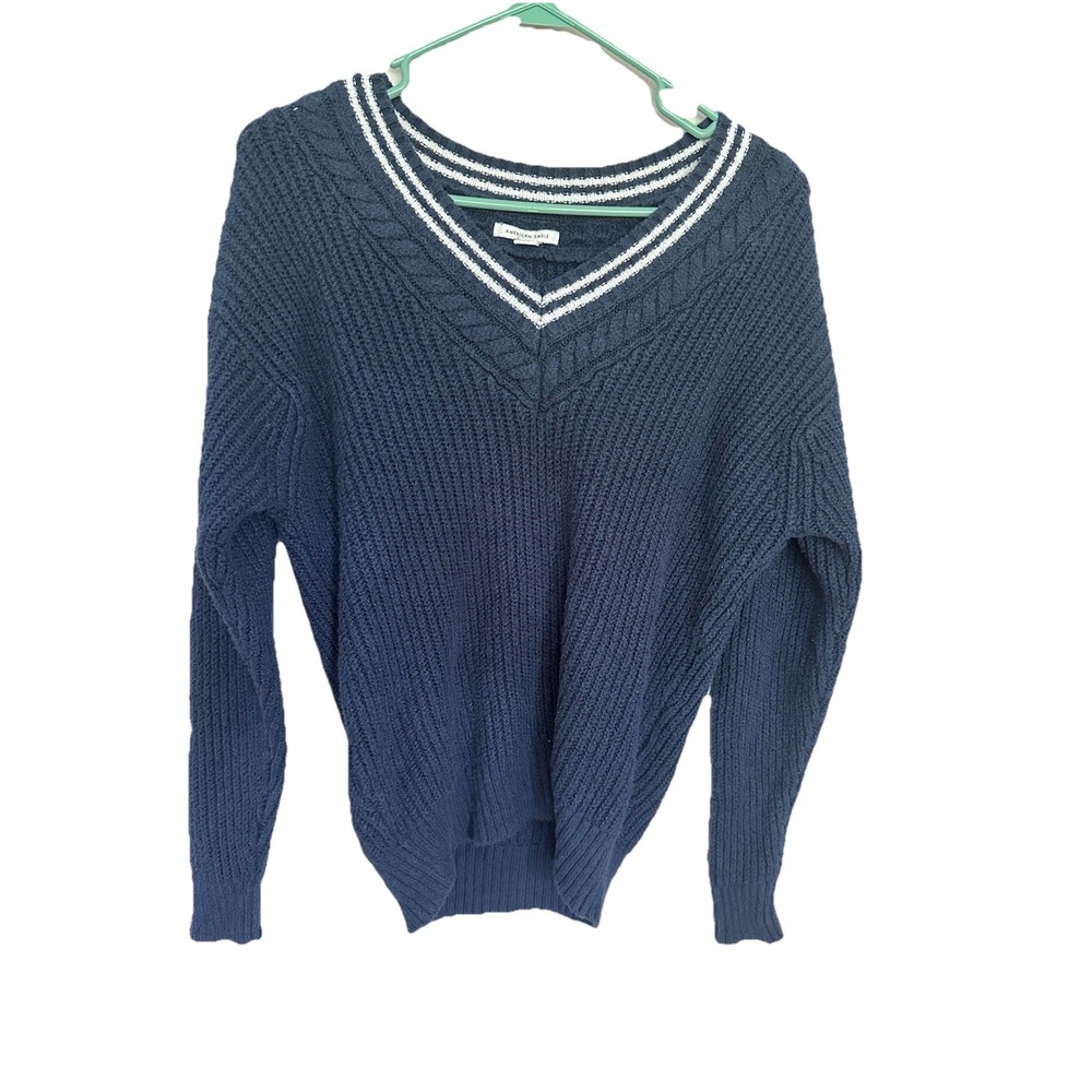 American Eagle Small S Blue‎ Cotton Blend Knit V-Neck Drop Shoulder Sweater